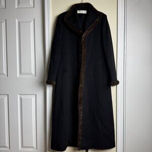 Fleurette Women's Black Wool & Cashmere with Mink Trim Coat Size 12